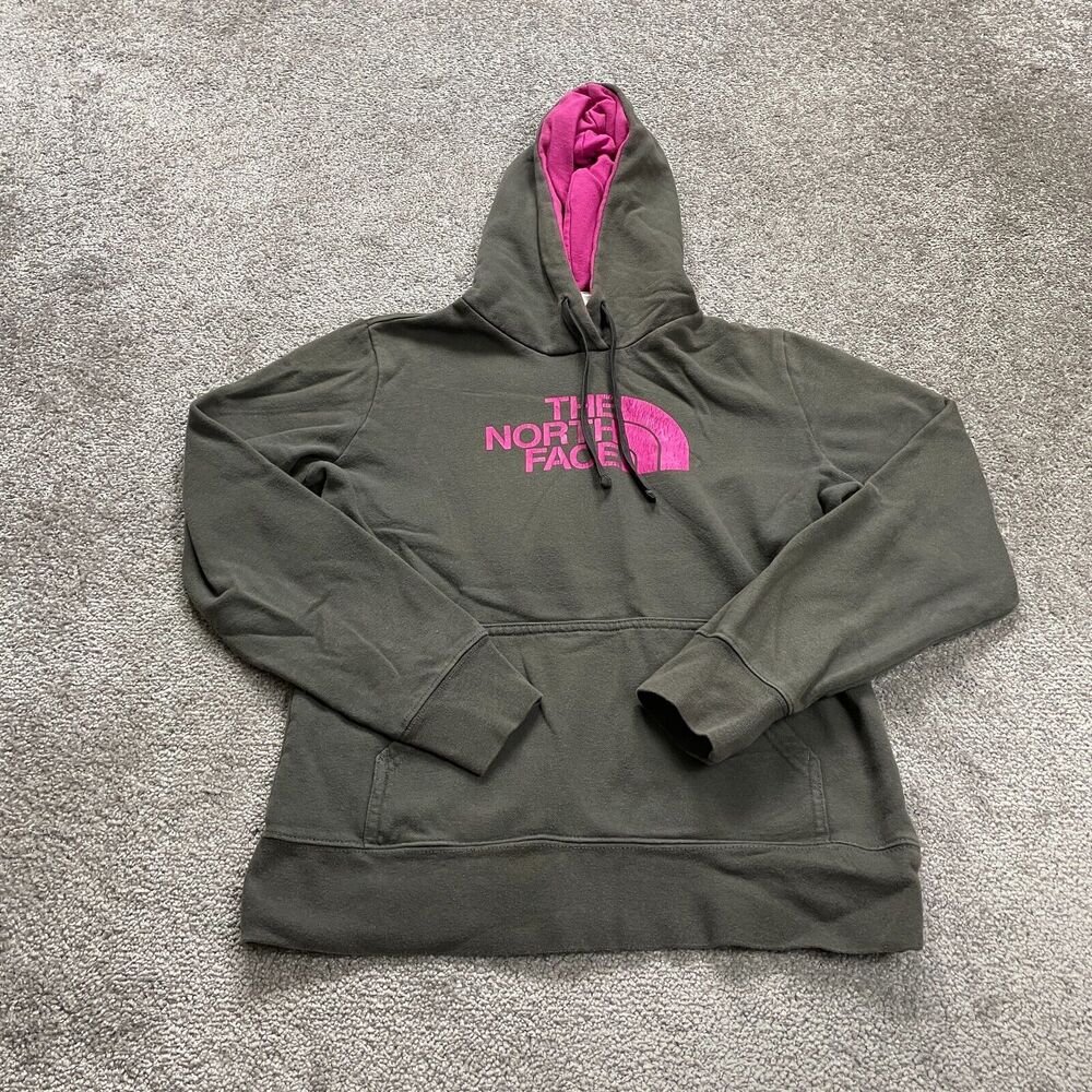 The North Face Hoodie Sweatshirt Womens Small Gray Pink Graphic Fleece Pullover